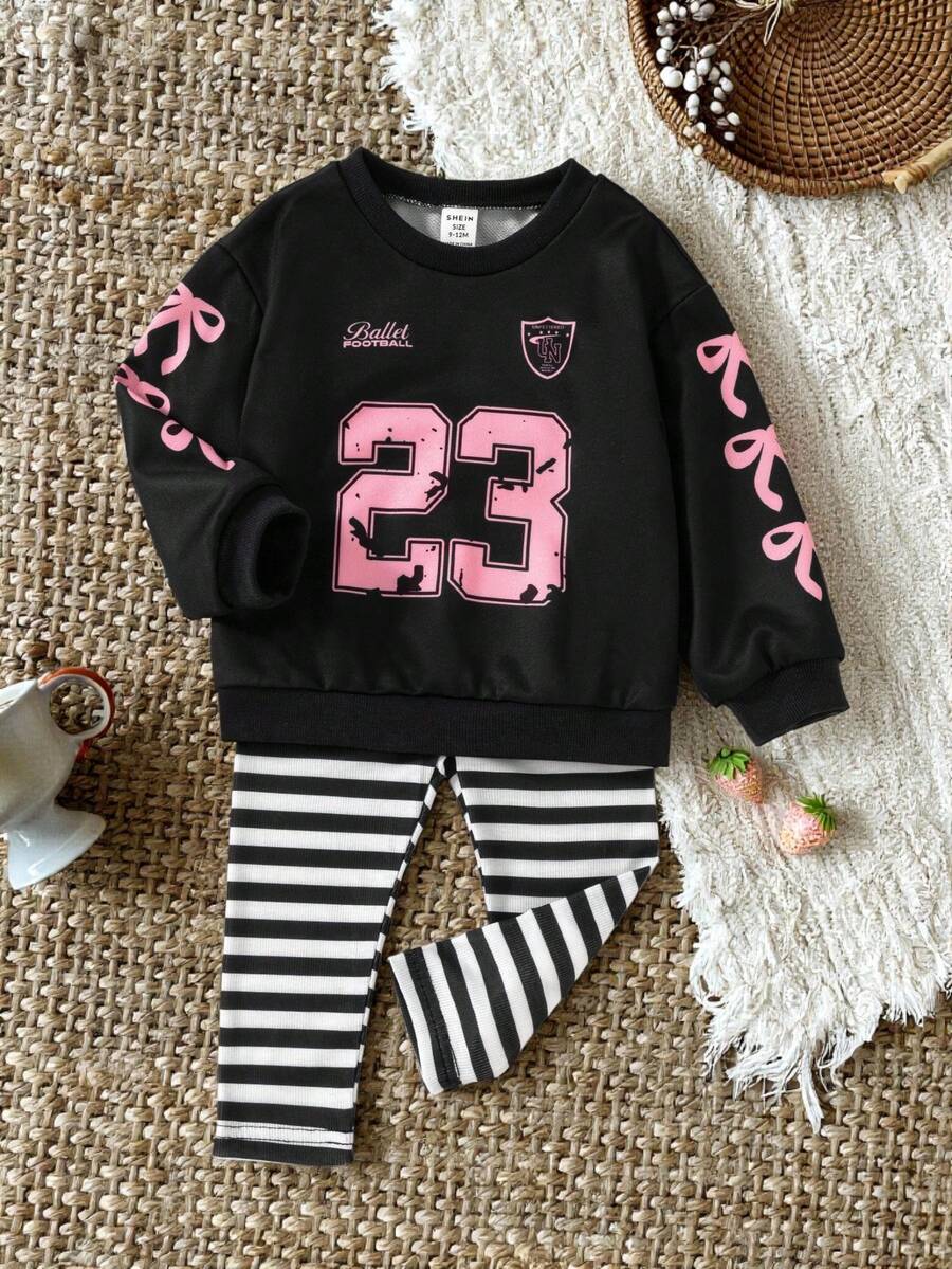 SHEIN Bộ đồ mặc nhà thường ngày mùa xuân/hè dễ thương cho bé gái từ 0-3 tuổi và bộ đồ mặc nhà dài tay cổ tròn in số + quần legging bó có gân - màu đen - Xem 1