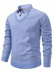 Manfinity Mode Men's Thermal Lined Shirt Collar Patchwork Sweater, Autumn/Winter, Long Sleeve Top