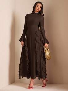 SHEIN PETITE CURVE Elegancka czerwona sukienka damska w dużym rozmiarze z wysokim dekoltem i długim rękawem, z falbaną u dołu, odpowiednia na randkę, galę, jesień/zimę, przyjęcie herbaciane - Brązowy - Zobacz 7
