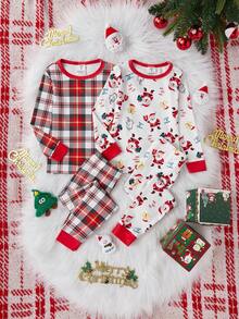 Girls' Christmas Plaid & Santa Claus Gingerbread ,White,Autumn,Fairy,Night,Tight Crew Neck Long Sleeve Pants Snug Fit Homewear Set,High Stretch - Multicolor - View 4