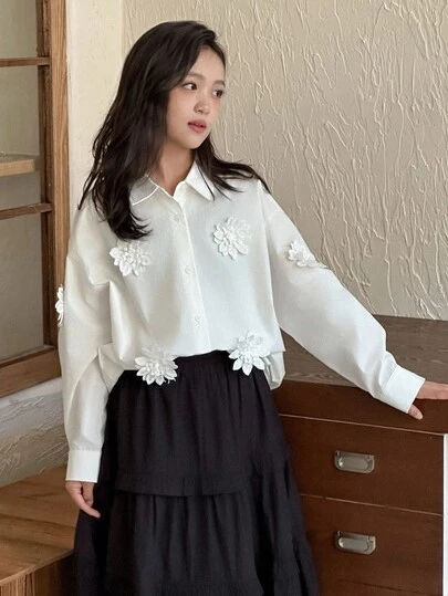 DAZY 女童花卉装饰领长袖梭织衬衫，秋季