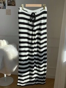 SHEIN EZwear Damen Hose mit Kordelzug in der Taille, gestreift, weites Bein, locker, Lässig, Strick