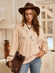 LanaWest Áo nỉ dáng rộng thêu ren phong cách Bohemian "LOVE" dành cho nữ, Thu/Đông - Màu Khaki - Xem 4