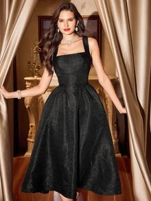 Vintamour 复古优雅女士连衣裙，带口袋，提花面料，度假风连衣裙，优雅派对礼服，长款派对礼服，女士派对礼服，秋季女装，万圣节服装，冬季服装，圣诞节冬季连衣裙 - 黑色 - 查看 4