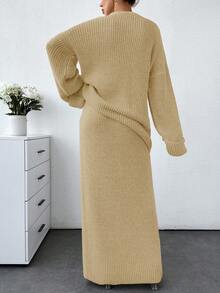 SHEIN Bộ áo len và chân váy len dáng rộng màu trơn dành cho nữ - Màu be - Xem 3