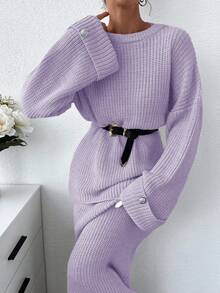 SHEIN Bộ áo len và chân váy len dáng rộng màu trơn dành cho nữ - Màu Lilac Tím - Xem 4