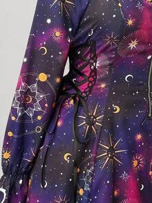 Sunspun Đầm dài tay/đầm ngắn in họa tiết bầu trời đầy sao ngày lễ thanh lịch đa năng mới, thiết kế dây buộc ruy băng, khóa kéo phía trước, thắt eo, dành cho nữ, dự tiệc/sinh nhật - Nhiều màu - Xem 3