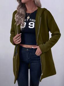 EMERY ROSE Women's Casual Vacation Drawstring Pocket Hooded Sweatshirt Lightweight Long Jacket - Army Green - View 4