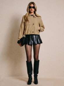 Poéselle Women's Casual Commuter Solid Color Trench Coat, Autumn - Khaki - View 6