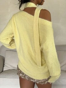 Aloruh Áo len dài tay hở vai lệch vai màu trơn cho nữ, Áo len thường ngày thu đông cho nữ, Áo len ... - Màu vàng - Xem 3