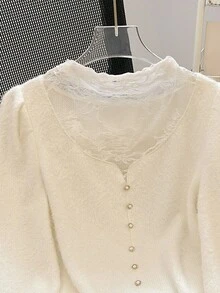 GlowEve 女式优雅纯色蕾丝拼布T恤，秋冬 - 米色 - 查看 3