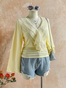 Soleia Camiseta con volantes y cuello de lentejuelas para mujer de talla grande, adecuada para fiestas y vacaciones - Amarillo claro - Ver 7
