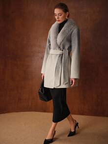 MOTF PREMIUM WOOL OMBRE FUZZY COLLAR BELTED OVERCOAT - Grey - View 5
