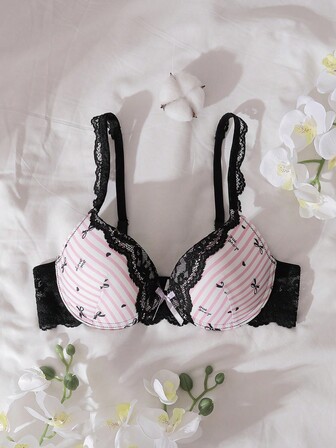 DelicateAllure 3/4-kupa bygel-bh med lyft och urringning, söt rosettdekoration, randig, färgblock, spets, satinfinish damunderkläder