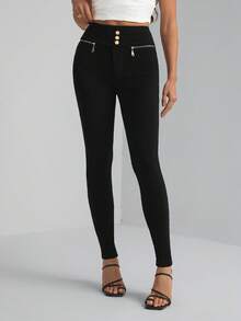 SHEIN Tall 女款休閒純色修身長褲，適合上班與通勤，高個女性適用 - 黑色 - 查看 7