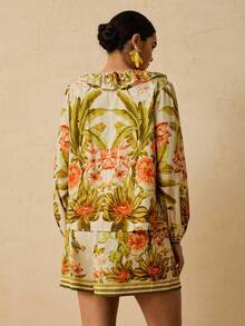 Travachic 大码女式绿色热带花卉印花两件套，荷叶边 V 领系带长袖上衣和短裙，秋季浪漫约会装 - 綠色 - 查看 2