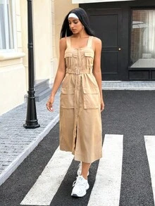 Women's Casual Solid Color Cargo Pocket Denim Dress, Summer - Khaki - View 4