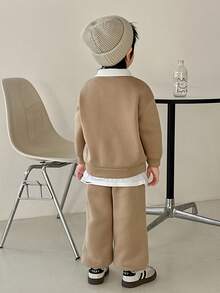 2pcs/Set Young Boys' Contrast Color Collar Letter Print Half-Zip Hoodie And Wide Leg Pants Casual Loose Tracksuit, Suitable For Autumn/Winter - Khaki - View 2