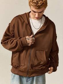 ROMWE MEN Men's Casual Solid Color Hoodie, Fall - Brown - View 1