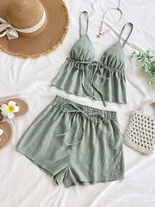 Soleia Bộ đồ nữ mới gồm áo dệt kim màu xanh lá cây có thể điều chỉnh và quần short viền bèo nhún, thích hợp cho tiệc trà chiều, dạo phố, kỳ nghỉ, tiệc tùng, lễ hội âm nhạc, lễ Phục sinh, phong cách nghỉ dưỡng, phong cách thường ngày, phong cách Bohemian, phong cách miền Tây, lễ hội âm nhạc, phong cách đồng quê, bữa ăn sáng muộn, bãi biển, trang phục sân bay, dáng rộng, mùa tốt nghiệp, bộ đồ 2 mảnh dành cho nữ, trang phục cưới. - màu xanh lá - Xem 3