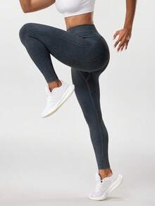 Seamluxe SHEIN Sport 1 件装麻灰色水洗 V 腰无缝针织高弹力瑜伽紧身裤，舒适休闲运动 - 黑色 - 查看 6