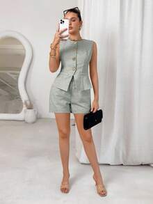 Lavishia 2pcs Women Solid Color Front Button Sleeveless Top And Shorts Set Green - Mint Green - View 5