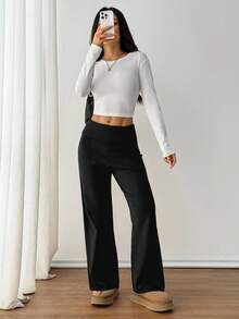 SHEIN PETITE Women's Casual Foldover Waist Knit Pants, Autumn/Winter,Fall,Fall Clothes For Women - Black - View 7