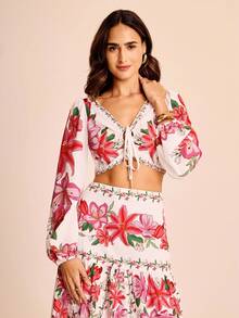 CAJUNI Women's Vacation Colorful Floral V-Neck Front Drawstring Long Sleeve Cropped Print Shirt Blouse - Multicolor - View 5