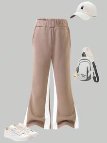 Young Boys' Casual Contrast Color Patchwork Thermal Lined Pants, Comfortable & Versatile For Back To School, Autumn/Winter - Khaki - View 2