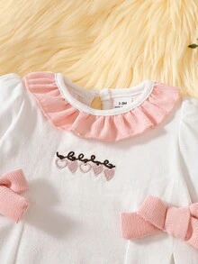 SHEIN 秋季新品新生女婴优雅甜美可爱简约休闲风格蝴蝶结公主裙长袖连体衣 - 粉色 - 查看 8