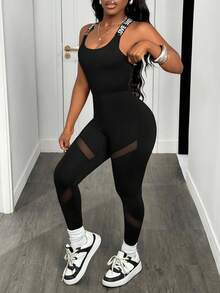 Slaydiva Kontrast Buchstaben-Band Kreuzgitter Einsatz Steppnaht Sport Jumpsuit, Ganzkörper Steppnaht Sport Jumpsuit