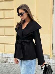 SHEIN Tall 女款優雅通勤黑色大衣 素色前綁帶長袖口袋簡約休閒外套 秋冬款 - 黑色 - 查看 8