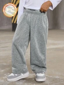 SHEIN Spodnie chłopięce w kolorze szarym, grube, termiczne, z szerokimi nogawkami, proste, w swobodnym stylu uniwersyteckim, na jesień/zimę