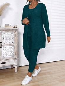 Conjunto casual de mujer talla grande con cárdigan de manga larga acanalado de unicolor, top de tirantes de cuello redondo y pantalones de unicolor - Verde - Ver 4