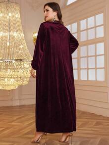 Al Najma 加大码休闲天鹅绒贴布长袖宽松阿拉伯连衣裙，适合秋冬季，优雅端庄的束腰阿拉伯连衣裙，适合晚会/婚礼嘉宾/周年纪念