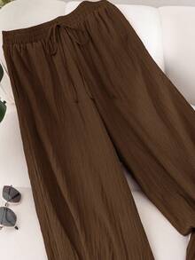 CosyJoli 大码女装春夏新款商务休闲沙滩情人节时尚通勤优雅阔腿裤，带口袋。沙滩度假薰衣草色大学生情人节邮轮夏季宽松裤 - 咖啡棕 - 查看 3