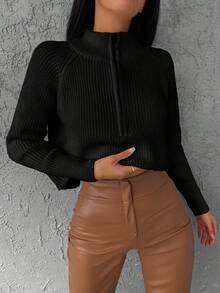 Pull zippé mi-hauteur, couleur unie, décontracté, automne/hiver - Noir - Voir 4