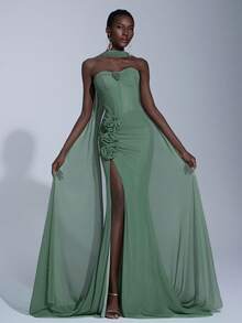 Elitara Váy suông hở vai họa tiết hoa 3D sang trọng, thanh lịch, sang trọng, thích hợp cho đám cưới, tiệc tùng, kỳ nghỉ, dạ hội, sự kiện trang trọng - Cỏ xanh - Xem 3