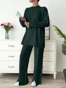 EURMUSE 女士纯色立领长袖毛衣和针织裤休闲套装，秋冬 - 墨綠色 - 查看 3