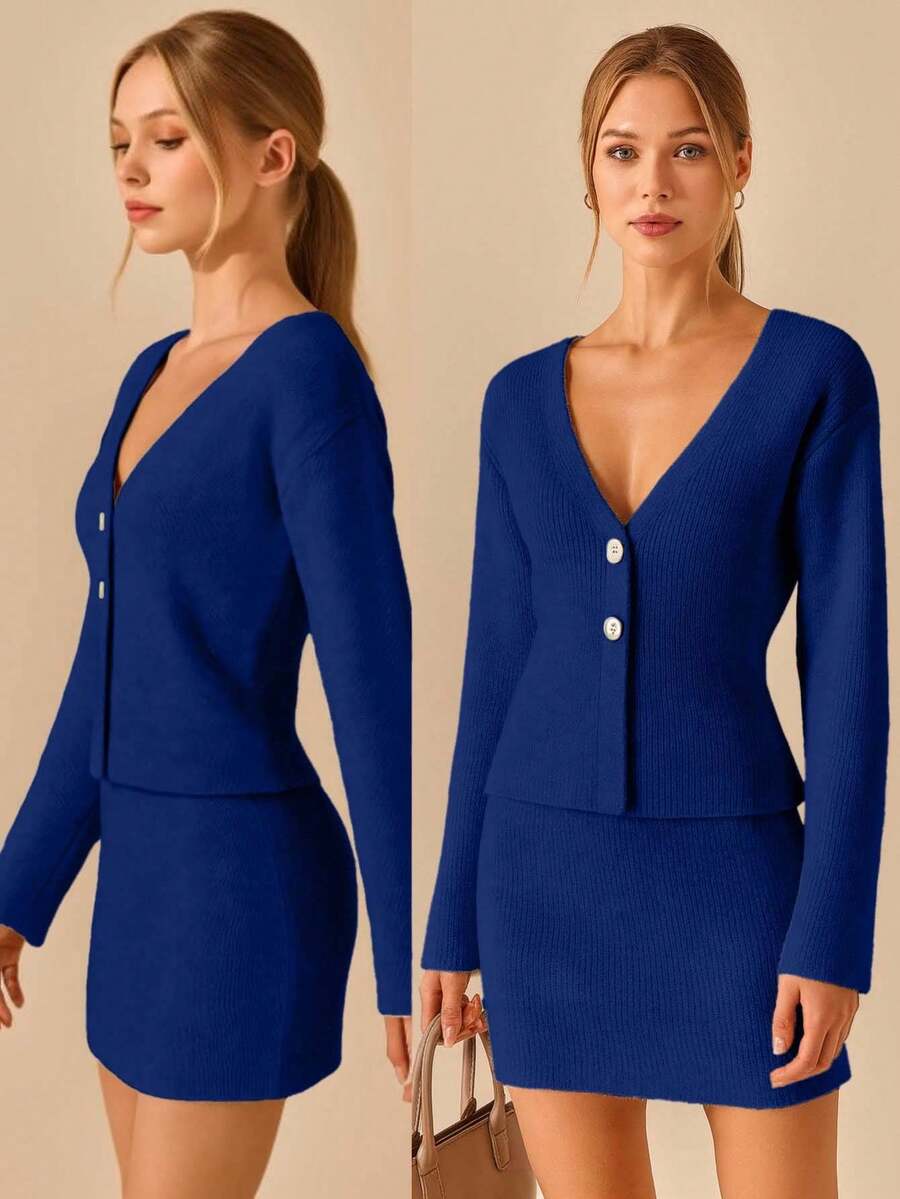 CLARA VERO WOMEN CLASSIC KNIT 2-BUTTON BLAZER & SKIRT CO-ORD - Royal Blue - View 1