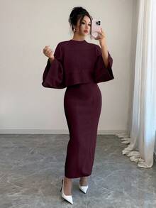 Elenzga Yellow Long Sleeve Top And Straight Skirt 2 Pieces Set, Elegant And Suitable For Party, Commute In Autumn/Winter, Christmas - Burgundy - View 4