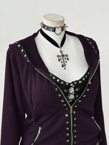 Sunspun Plus Size Fashionable Dark Punk Style Rivet Decor Hooded Long Sleeve Sweatshirt Jacket - Purple - View 7