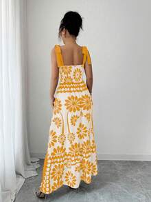 SHEIN PETITE Váy dây mảnh in họa tiết hở lưng phong cách Bohemian thường ngày dành cho nữ - Màu vàng - Xem 2