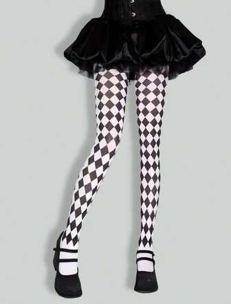 Goth 1 pieza Medias/Mallas/Leggings asimétricos y sexys de mujer de alta elasticidad a cuadros en blanco y negro