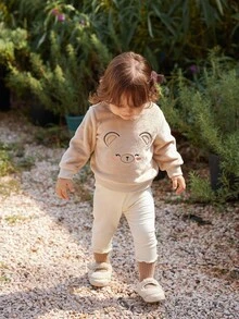 Vintaside Kids 女婴可爱小熊刺绣蓬松圆领长袖上衣和针织打底裤套装，适合外出、居家、休闲、聚会等各种场合，秋冬季 - 彩色 - 查看 4