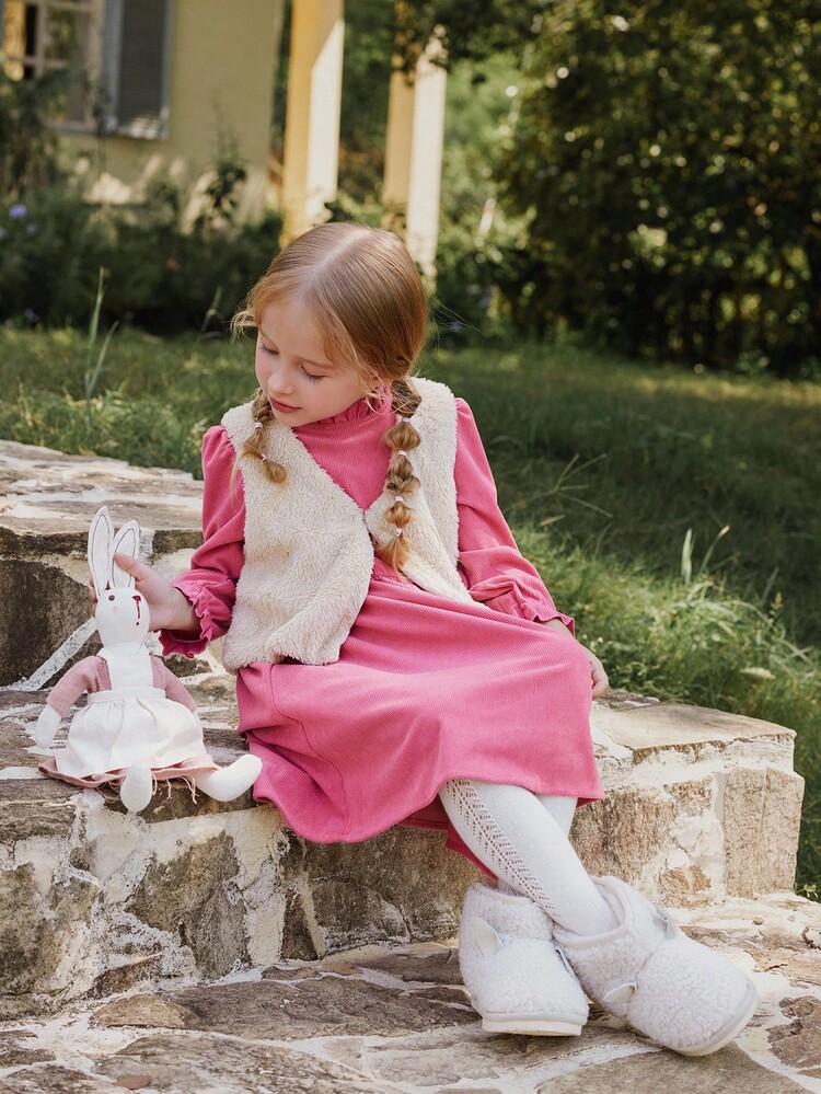 Vintaside Kids Young Girl Autumn Sleeveless High-End Plush Top Paired With Ruffled Collar Long Sleeve Fashionable Dress Set, Suitable For Birthday Parties, Family Gatherings, School Events And Daily Wear - Red - View 7