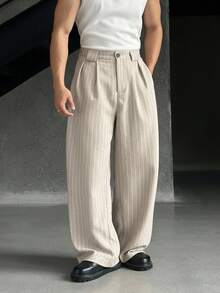 ESTAVOR Plus Size Men Grey Vertical Striped Woven Wide Leg Pants, Fall - Beige - View 1