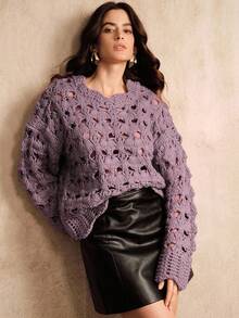 Anewsta 女式美拉德镂空冰岛纱线圆领波浪下摆设计毛衣上衣，适合感恩节、圣诞节、新年、秋冬季、派对、优雅、奢华、正式、时尚、万圣节等场合。 - 淡紫色 - 查看 4