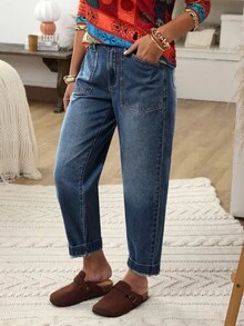 EMERY ROSE بنطلون جينز نسائي بجيب ذو لون أحادي مريح وقابل للتحويل