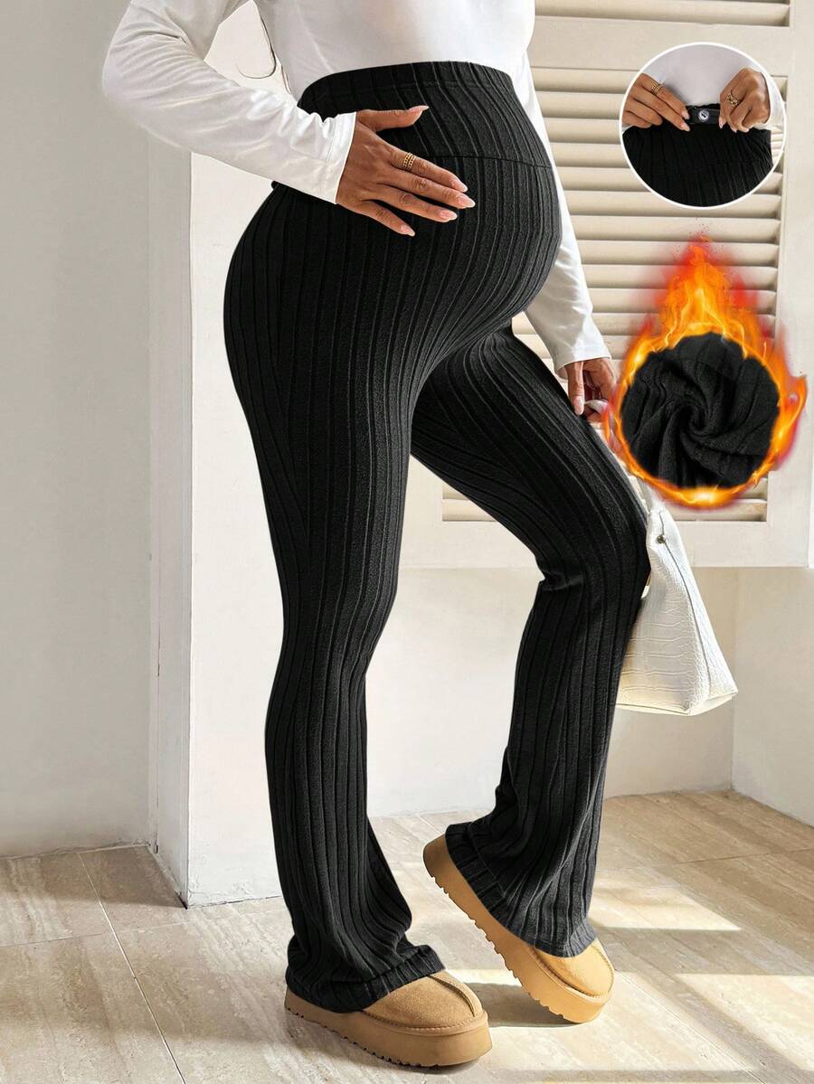 SHEIN Fall Clothes,Autumn Clothes,Maternity Autumn/Winter Clothes Maternity  Maternity Casual Solid Color Warm Adjustable Waist Flare Pants, Autumn Maternity Leggings Pregnancy Pants Pregnancy Clothes Flared Leggings Knit Pants